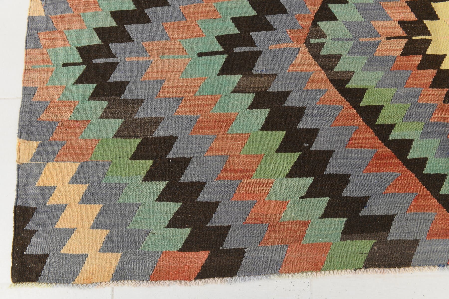 Kilim 182x303 cm, zielony, beżowy, wełna, lata 70. - 211985