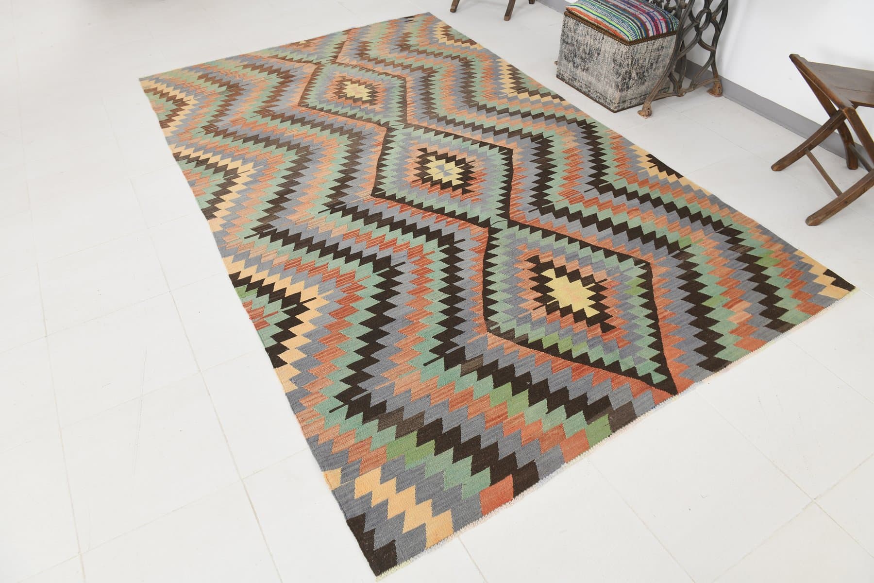 Kilim 182x303 cm, zielony, beżowy, wełna, lata 70. - 211980