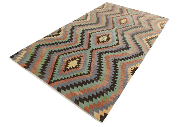 Kilim 182x303 cm, zielony, beżowy, wełna, lata 70. - WYMIARY