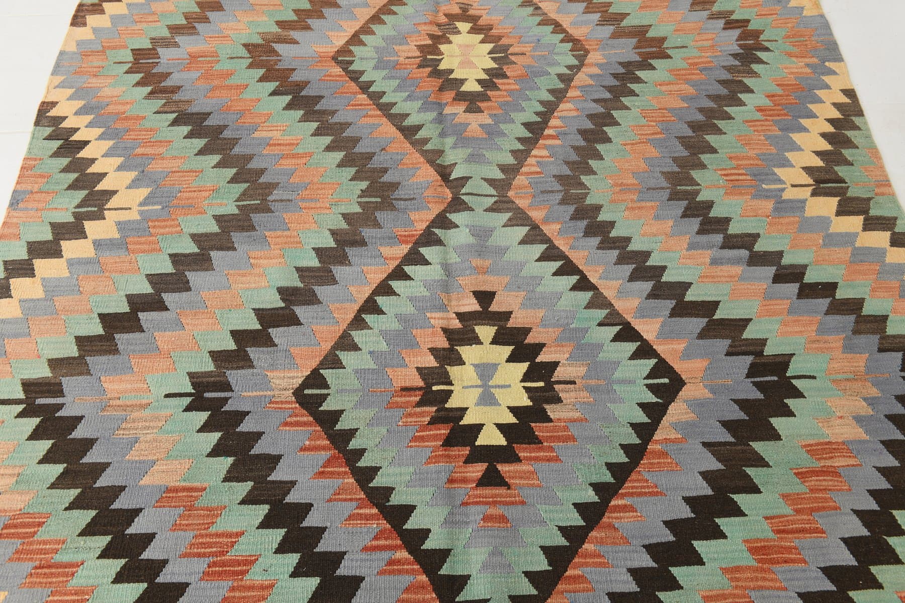 Kilim 182x303 cm, zielony, beżowy, wełna, lata 70. - 211982