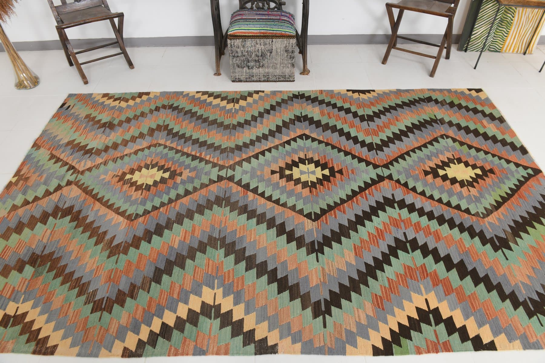 Kilim 182x303 cm, zielony, beżowy, wełna, lata 70. - 211981