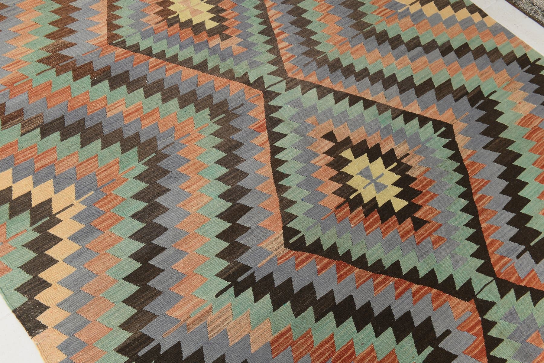 Kilim 182x303 cm, zielony, beżowy, wełna, lata 70. - 211983