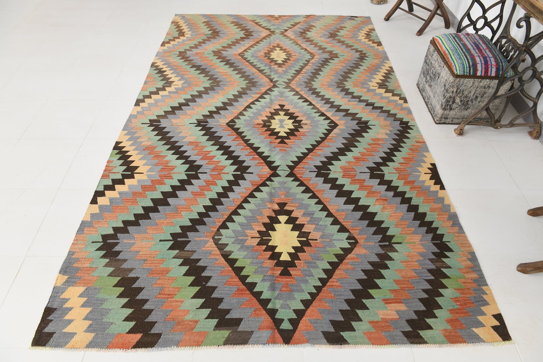 Kilim 182x303 cm, zielony, beżowy, wełna, lata 70. - 211976