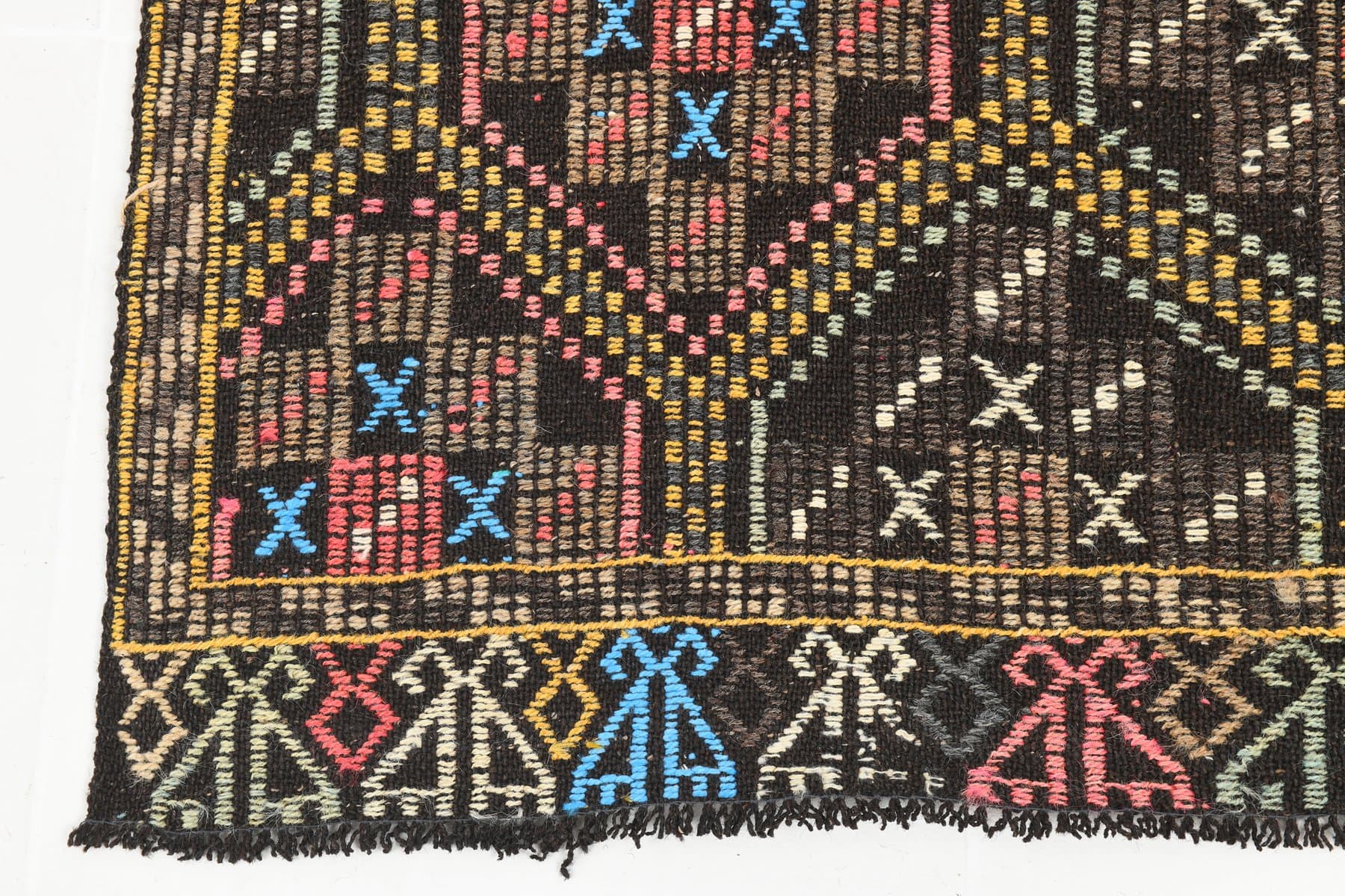 Kilim 193x262 cm, brązowy, żółty, wełna, lata 60. - 211937