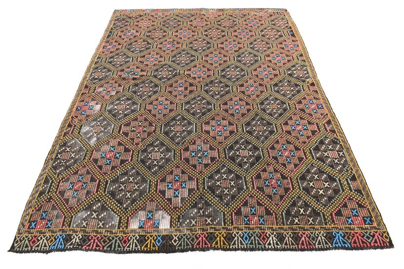 Kilim 193x262 cm, brązowy, żółty, wełna, lata 60.