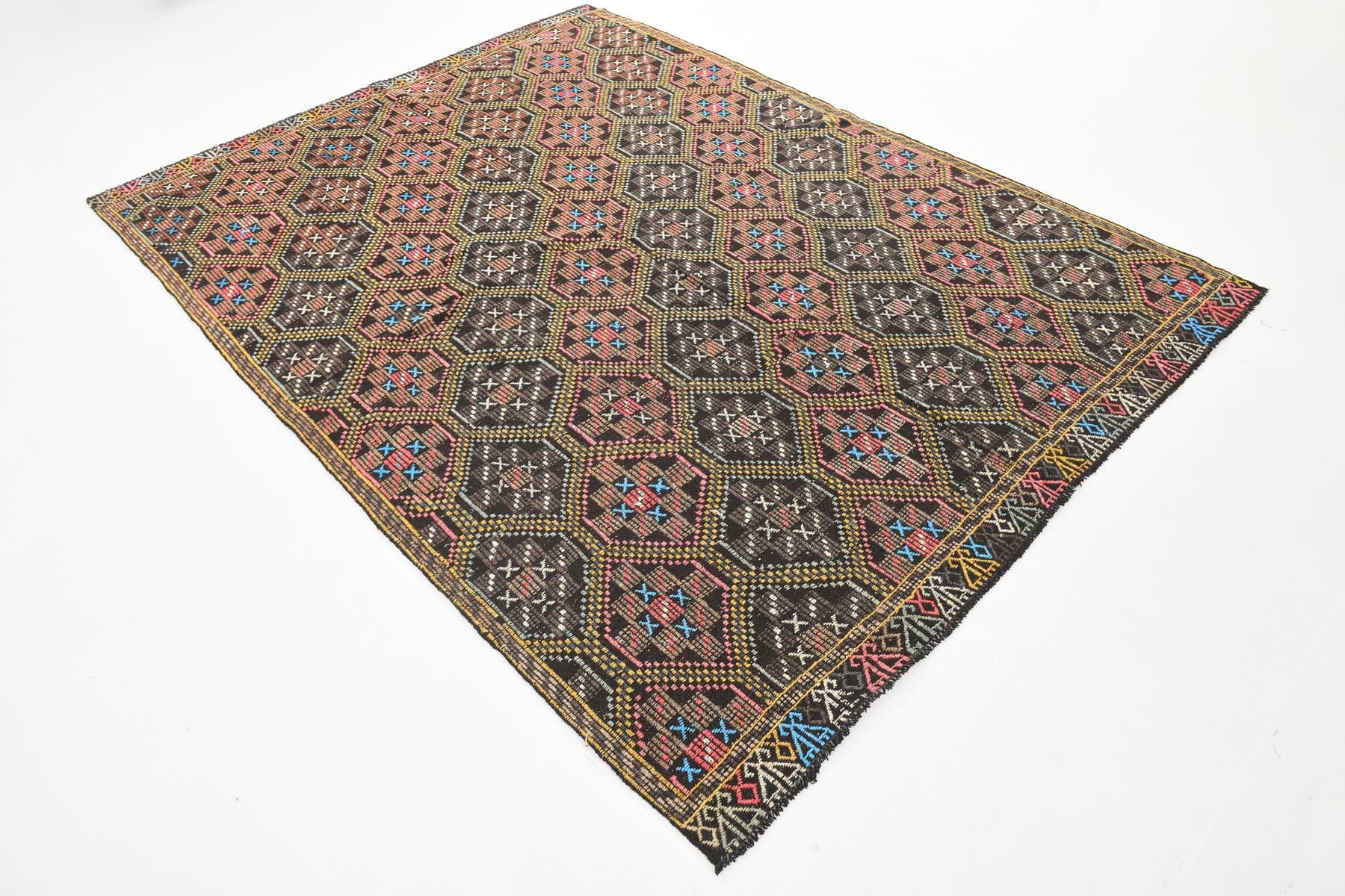 Kilim 193x262 cm, brązowy, żółty, wełna, lata 60. - 211931