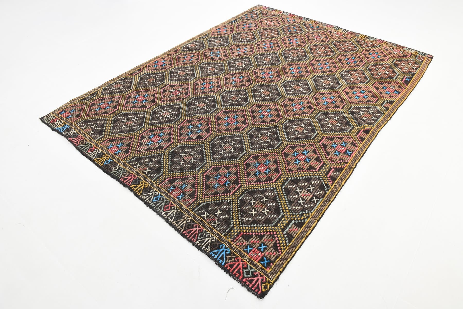 Kilim 193x262 cm, brązowy, żółty, wełna, lata 60. - 211926