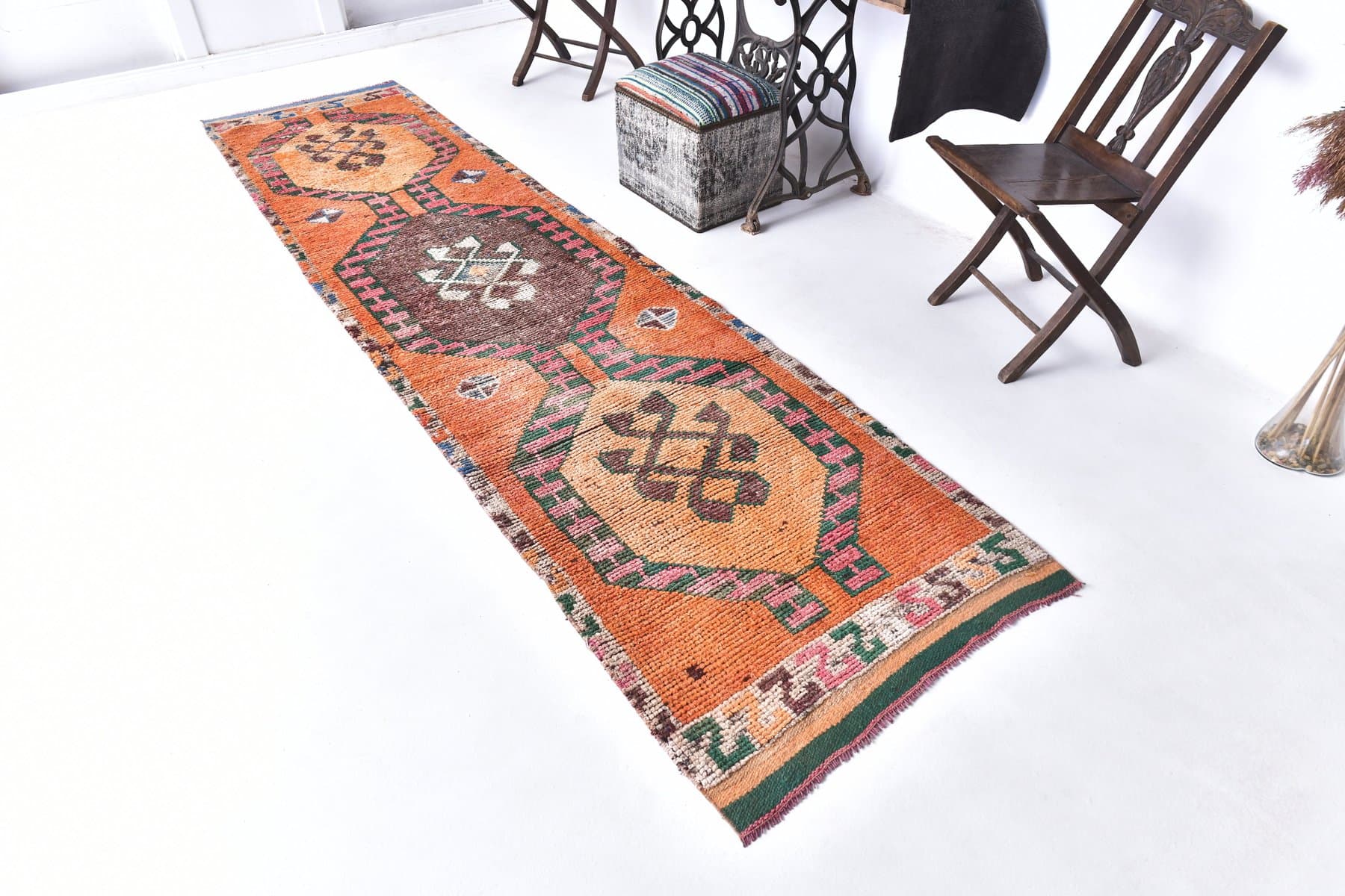 Chodnik 89x349 cm, pomarańczowy, wełna, Turcja, lata 70. - 211756