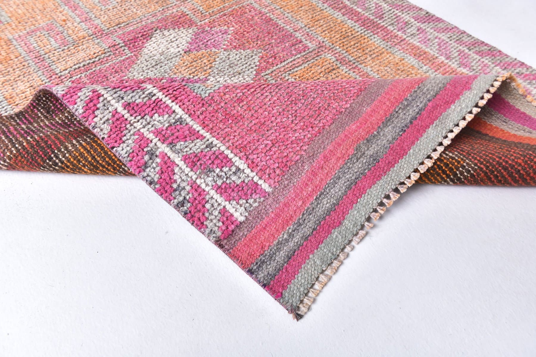 Chodnik 310x94 cm, różowy, żółty, wełna, lata 70. - 211752