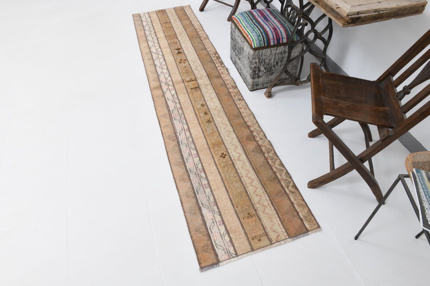 Chodnik 266x61 cm, beżowy, zielony, bawełna, Turcja, lata 60. - 211723