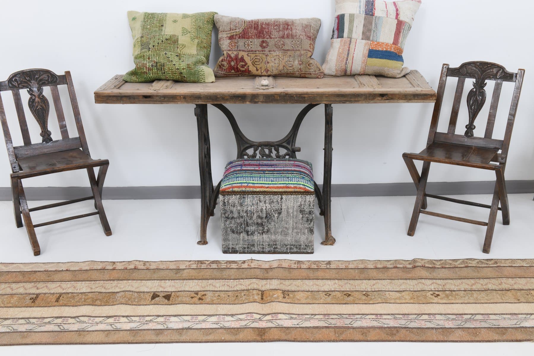 Chodnik 266x61 cm, beżowy, zielony, bawełna, Turcja, lata 60. - 211722