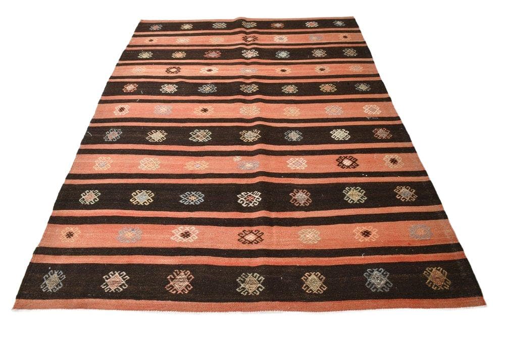 Kilim 256x194 cm, pomarańczowy, brązowy, wełna, Turcja, lata 60.