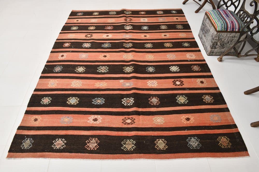Kilim 256x194 cm, pomarańczowy, brązowy, wełna, Turcja, lata 60. - 211712