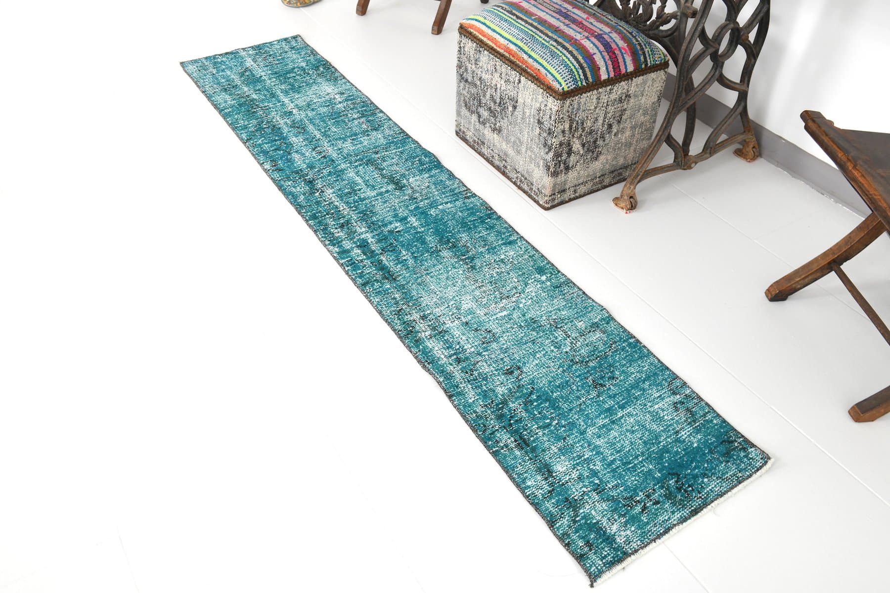 Chodnik 225x45 cm, turkusowy, wełna, lata 70. - 211700