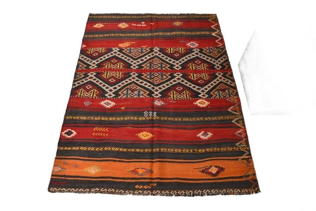 Kilim 123x157 cm, czerwony, wełna, lata 70. - WYMIARY