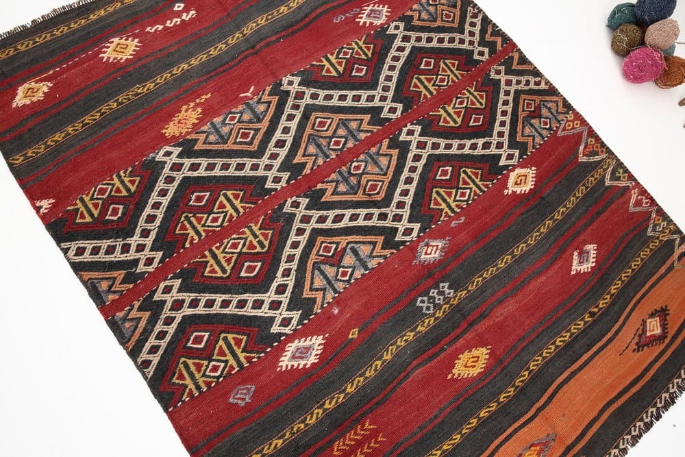 Kilim 123x157 cm, czerwony, wełna, lata 70. - 211690