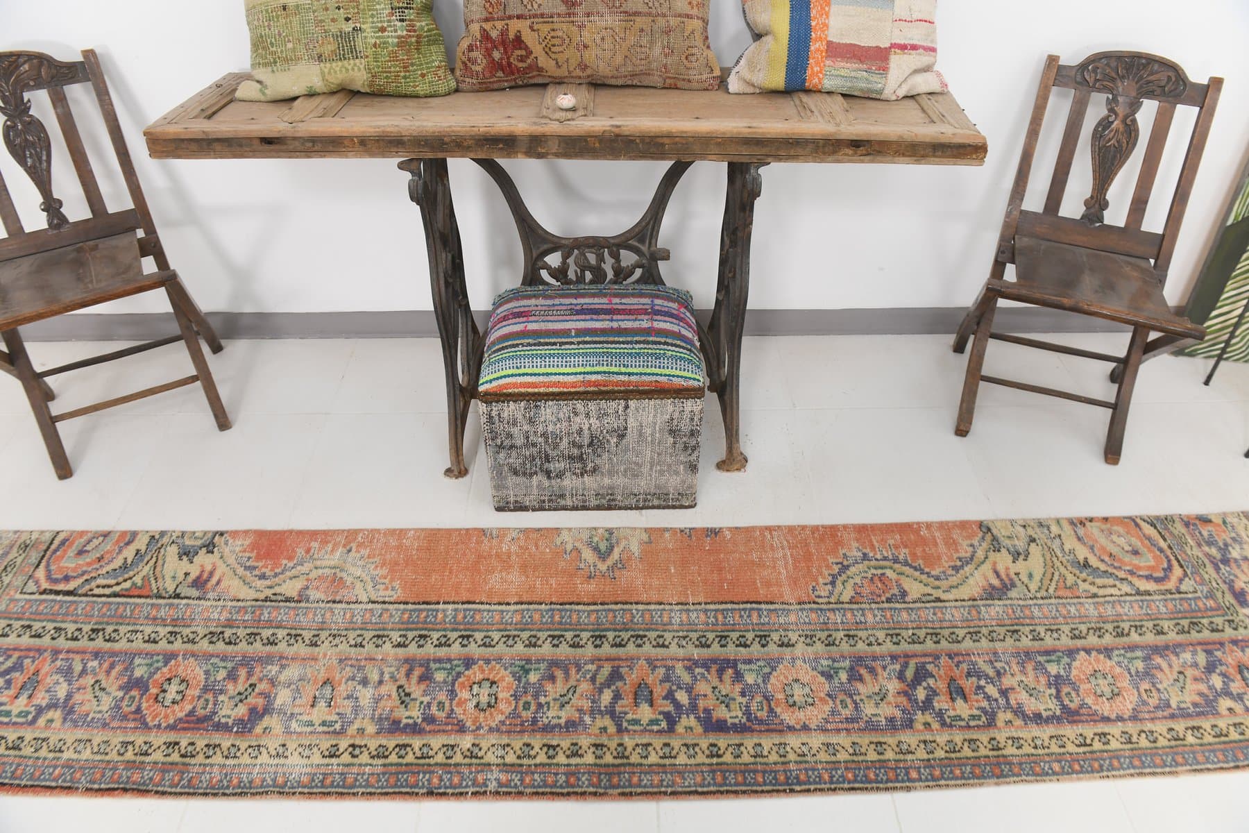 Chodnik 61x365 cm, koralowy, niebieski, wełna, lata 70. - 211647