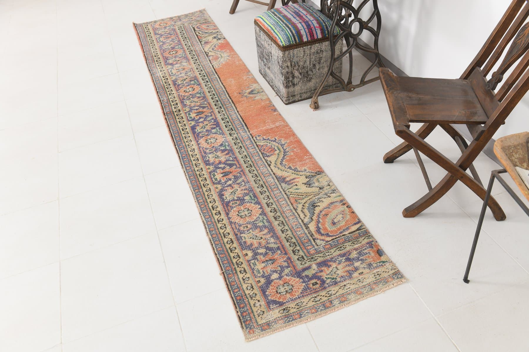 Chodnik 61x365 cm, koralowy, niebieski, wełna, lata 70. - 211654