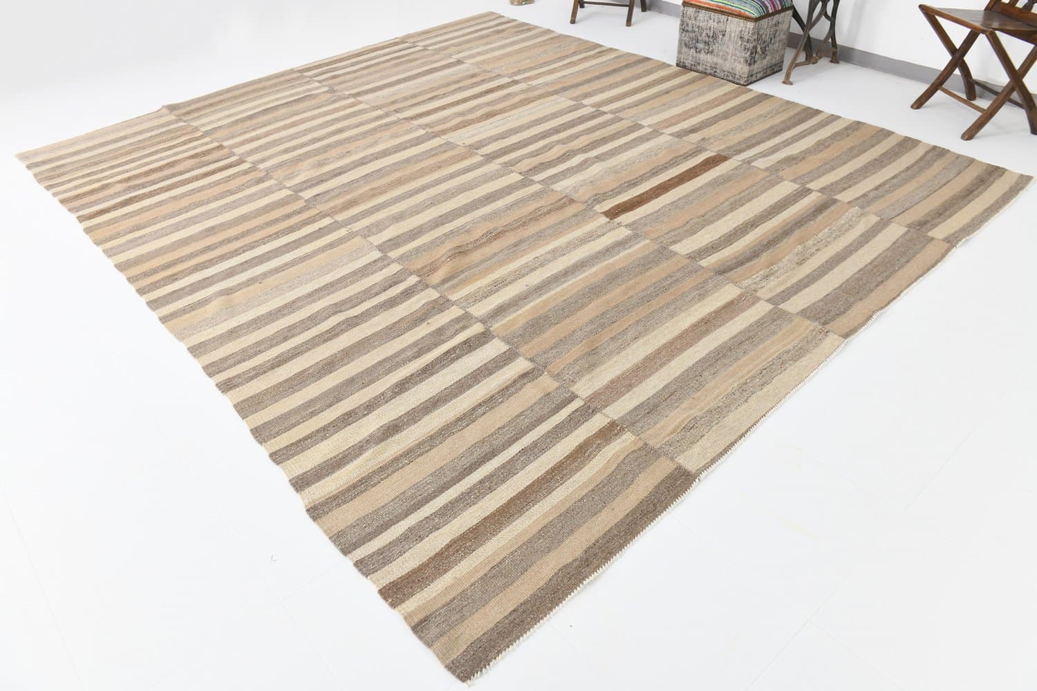 Kilim 353x303 cm, beżowy, brązowy, wełna, Turcja, lata 70. - 211624