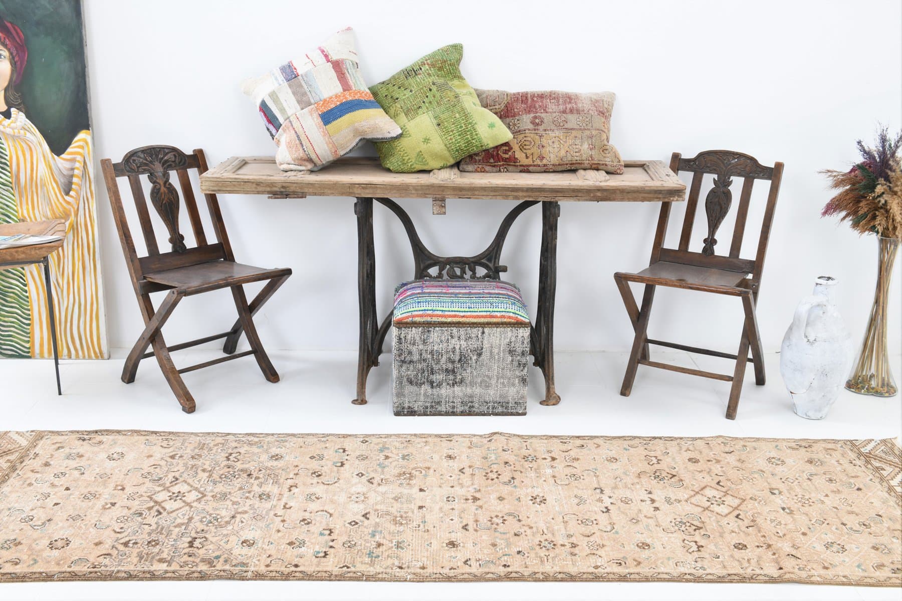 Chodnik 81x295 cm, beżowy, brązowy, wełna, lata 70. - 211614