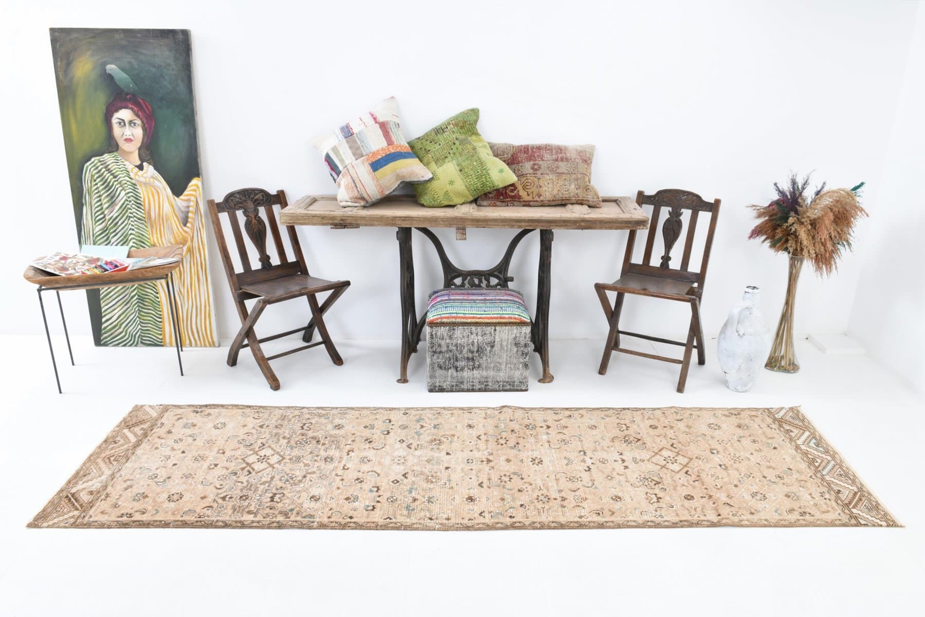 Chodnik 81x295 cm, beżowy, brązowy, wełna, lata 70. - 211613