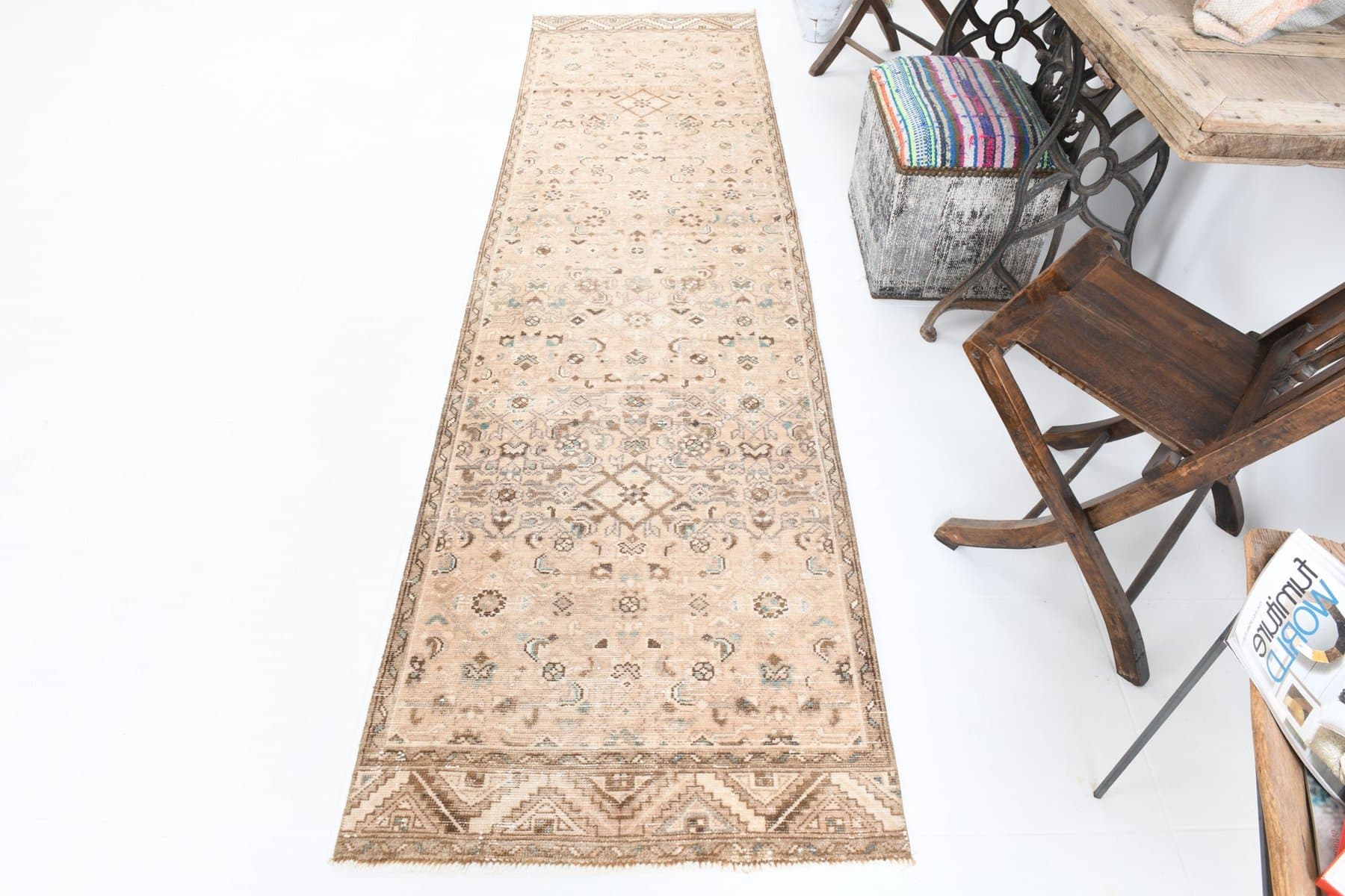 Chodnik 81x295 cm, beżowy, brązowy, wełna, lata 70. - 211609