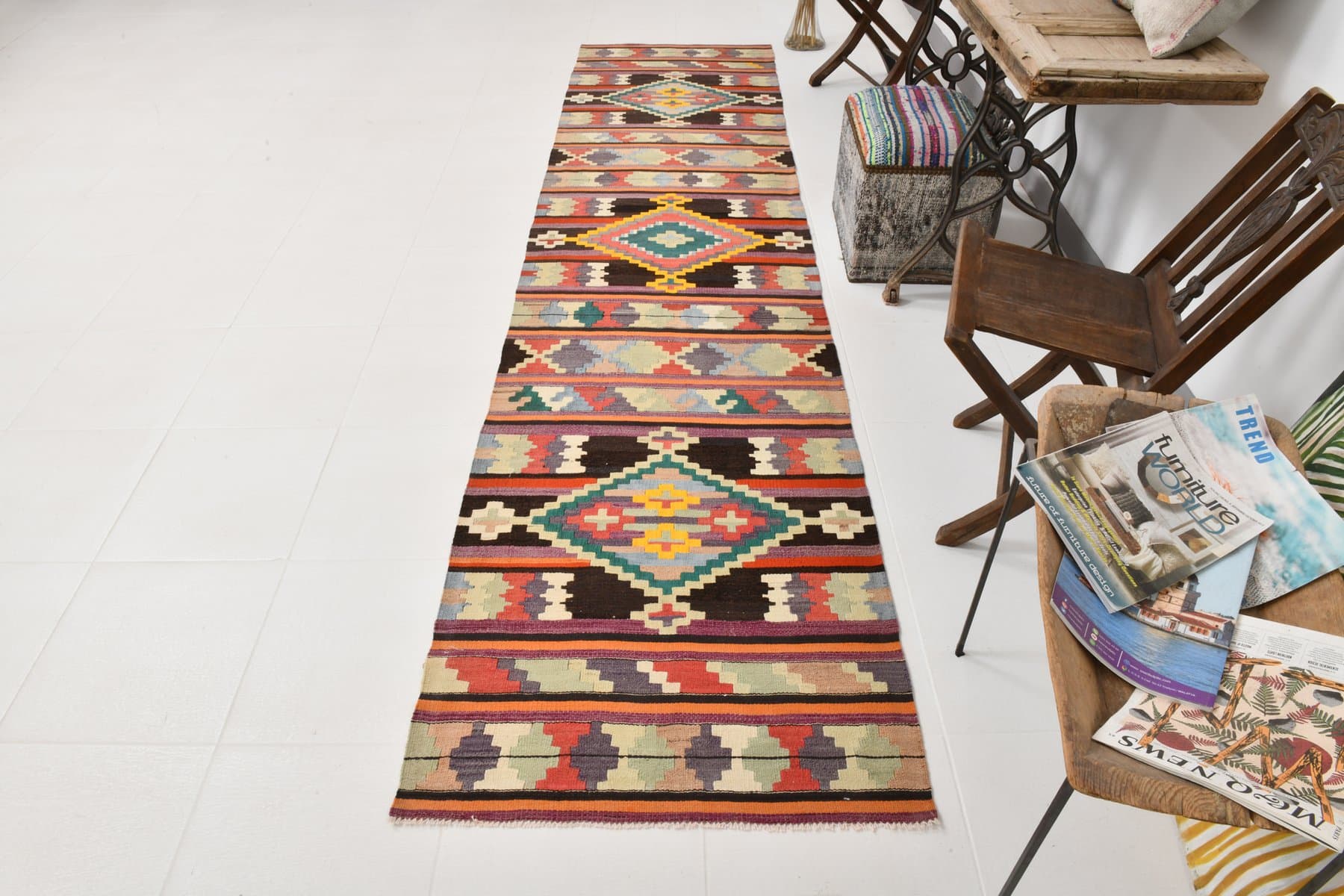 Kilim chodnik 85x363 cm, czerwony, turkusowy, wełna, lata 70. - 212554