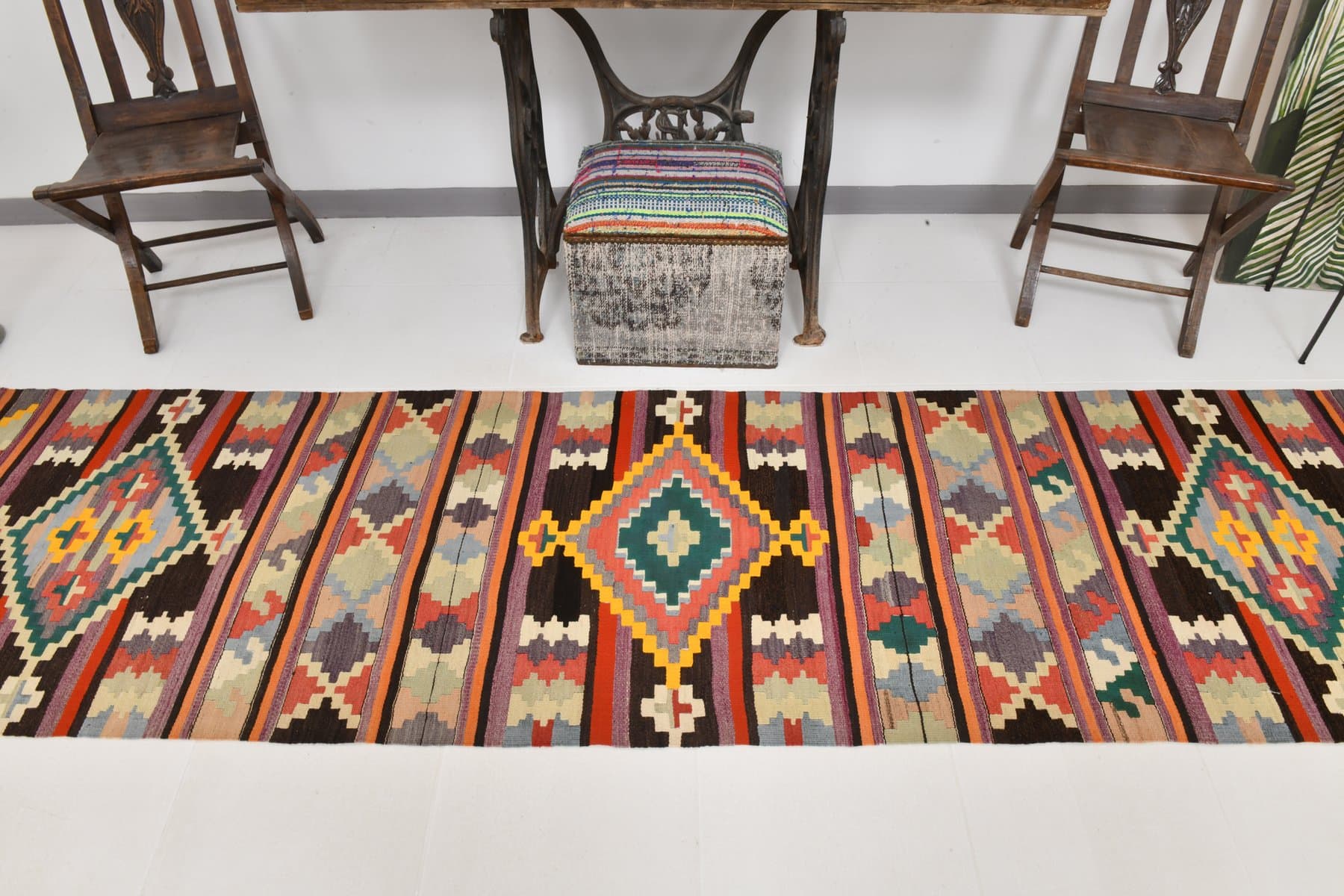 Kilim chodnik 85x363 cm, czerwony, turkusowy, wełna, lata 70. - 212558