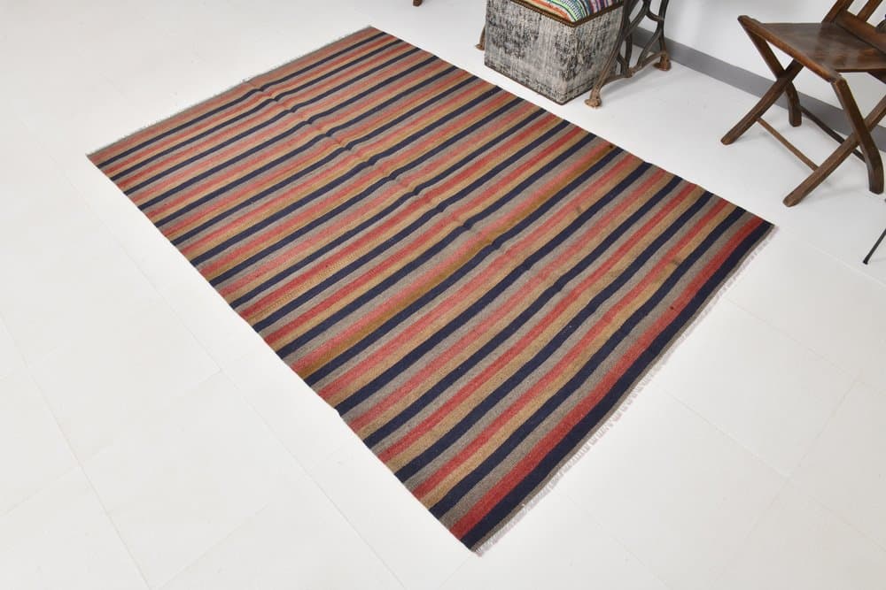 Kilim 147x209 cm, brązowy, granatowy, wełna, lata 70. - 212543