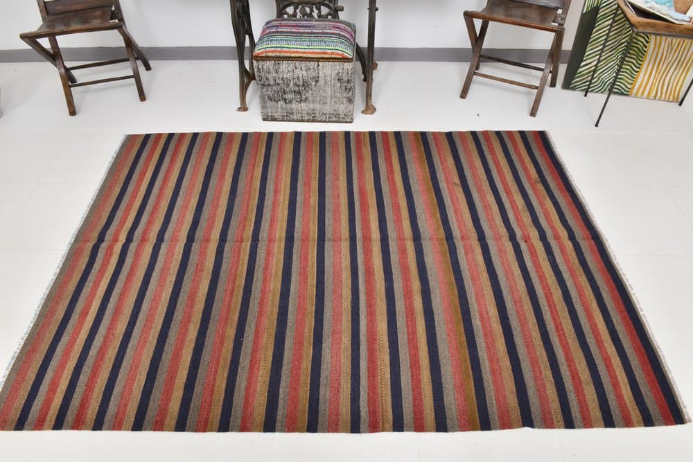 Kilim 147x209 cm, brązowy, granatowy, wełna, lata 70. - 212545
