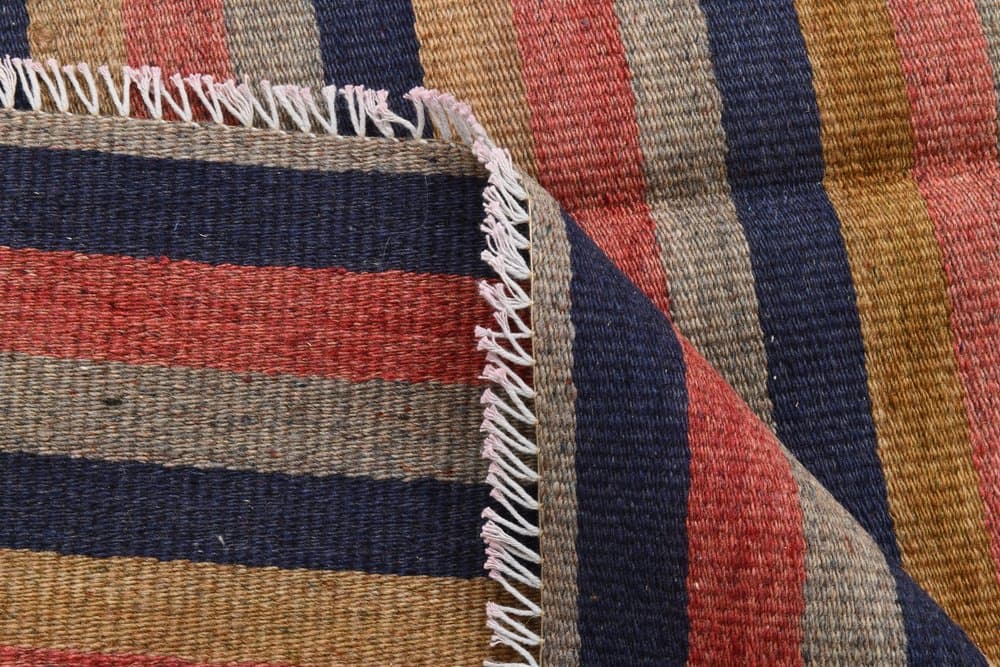 Kilim 147x209 cm, brązowy, granatowy, wełna, lata 70. - 212551