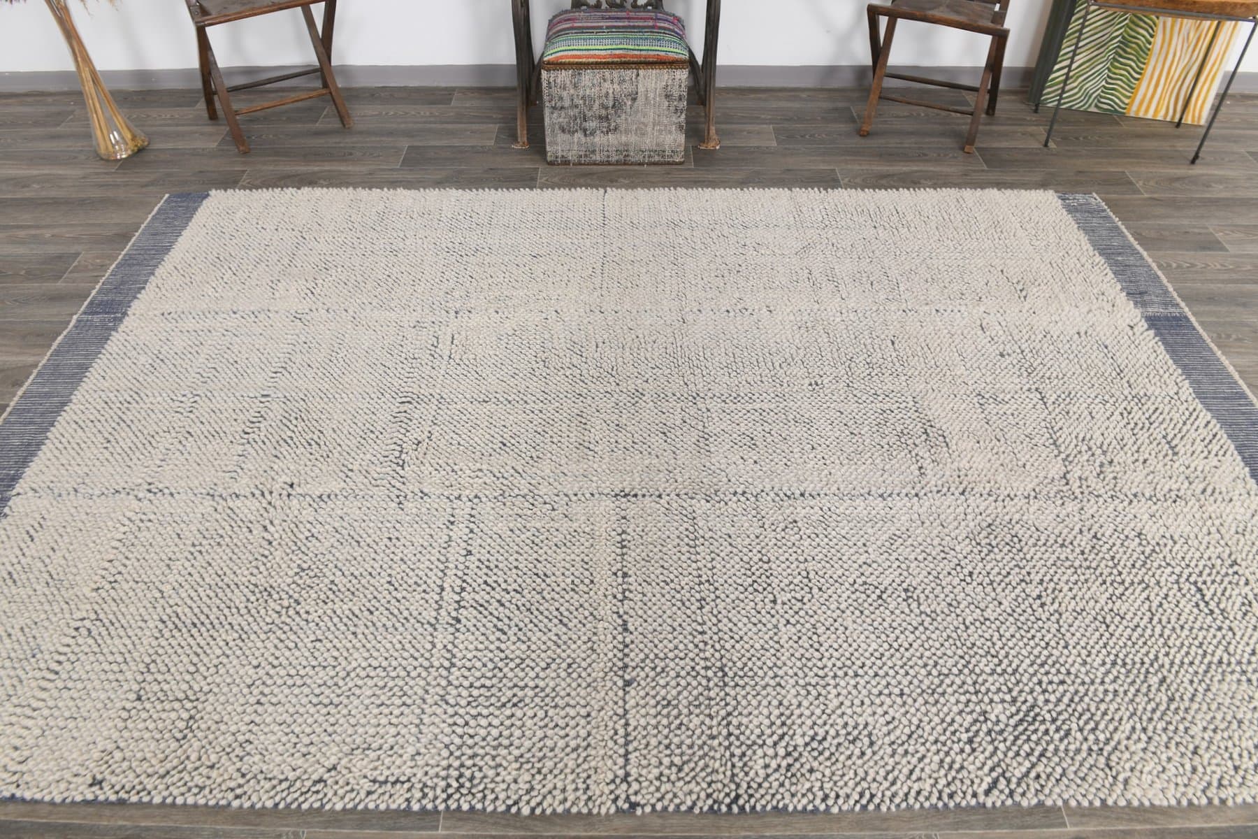Kilim 303x194 cm, biały, niebieski, wełna, lata 90. - 212534