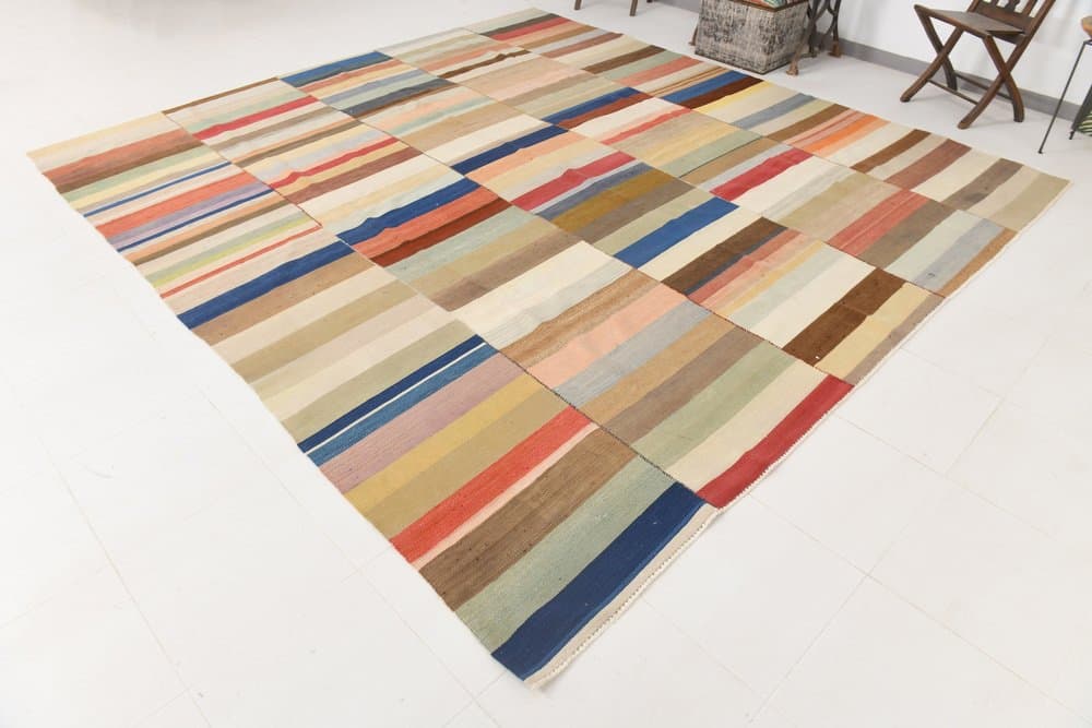 Kilim 338x303 cm, beżowy, pomarańczowy, wełna, lata 70. - 212498