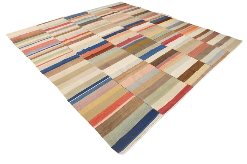 Kilim 338x303 cm, beżowy, pomarańczowy, wełna, lata 70.