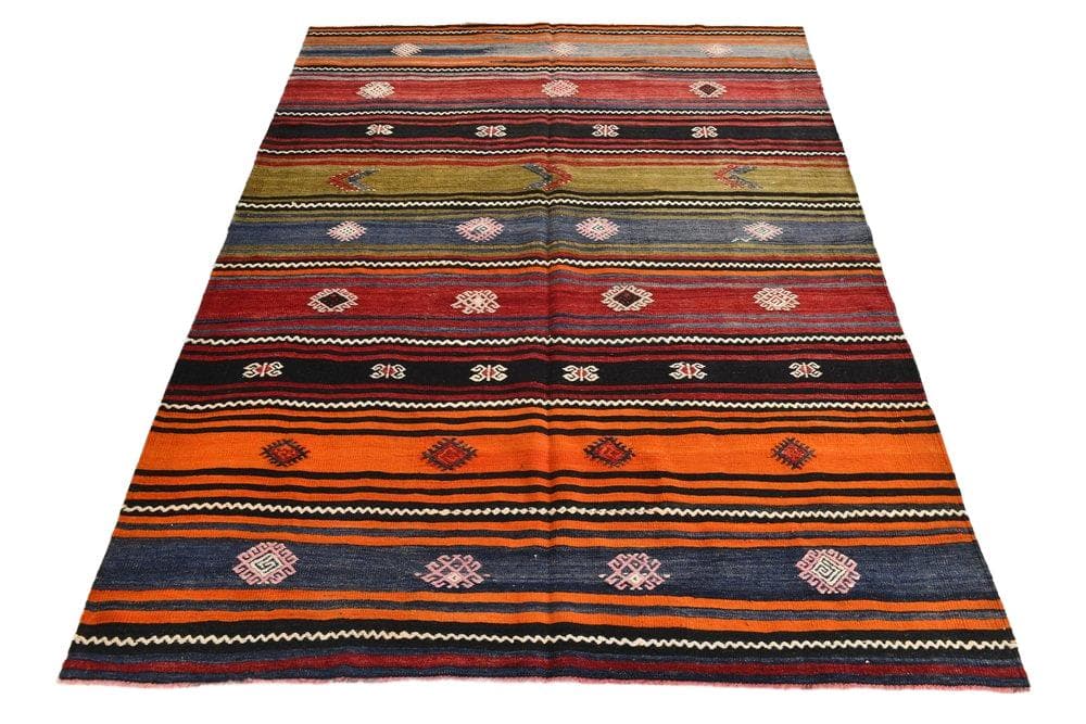 Kilim 208x147 cm, czarny, niebieski, wełna, lata 70.