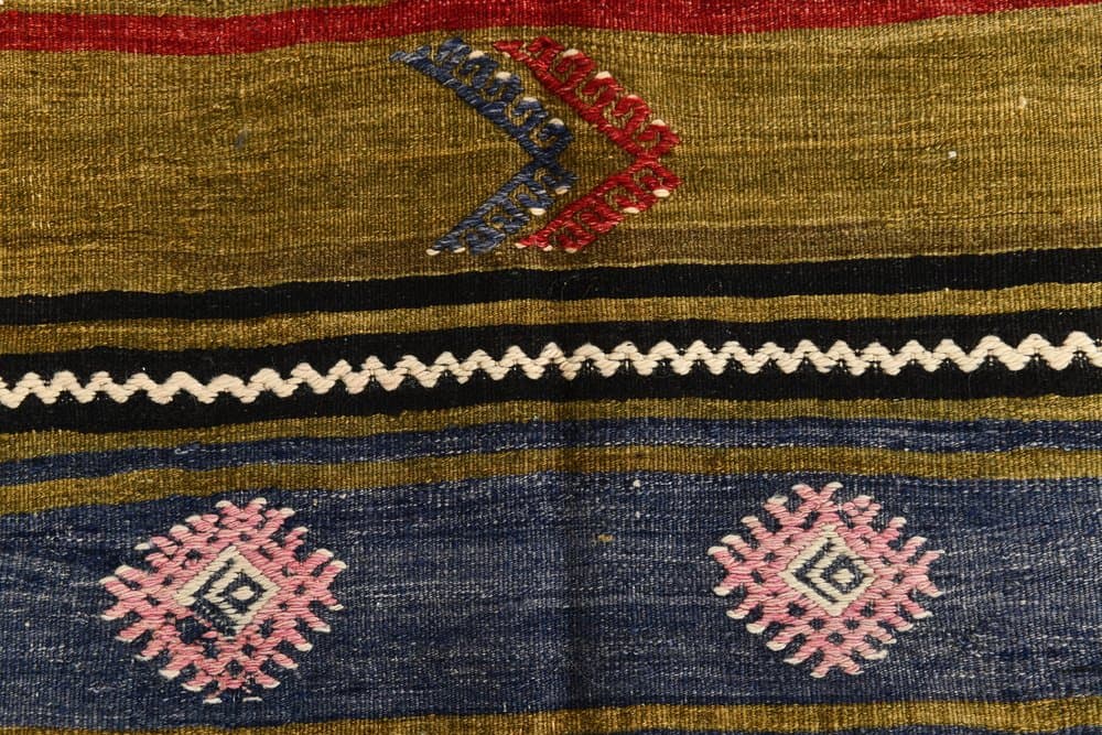 Kilim 208x147 cm, czarny, niebieski, wełna, lata 70. - 212455