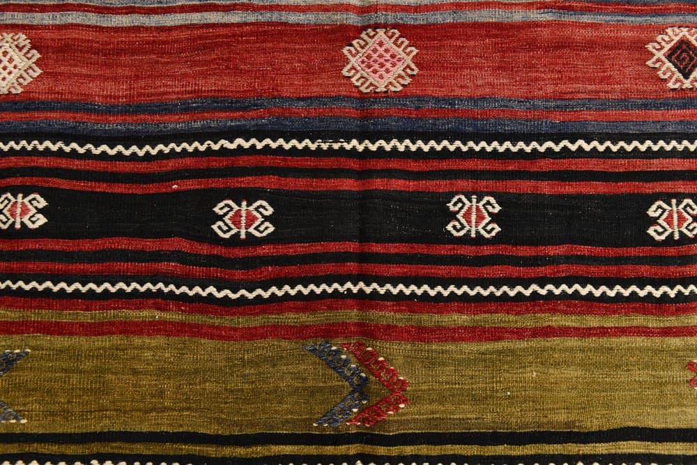Kilim 208x147 cm, czarny, niebieski, wełna, lata 70. - 212454