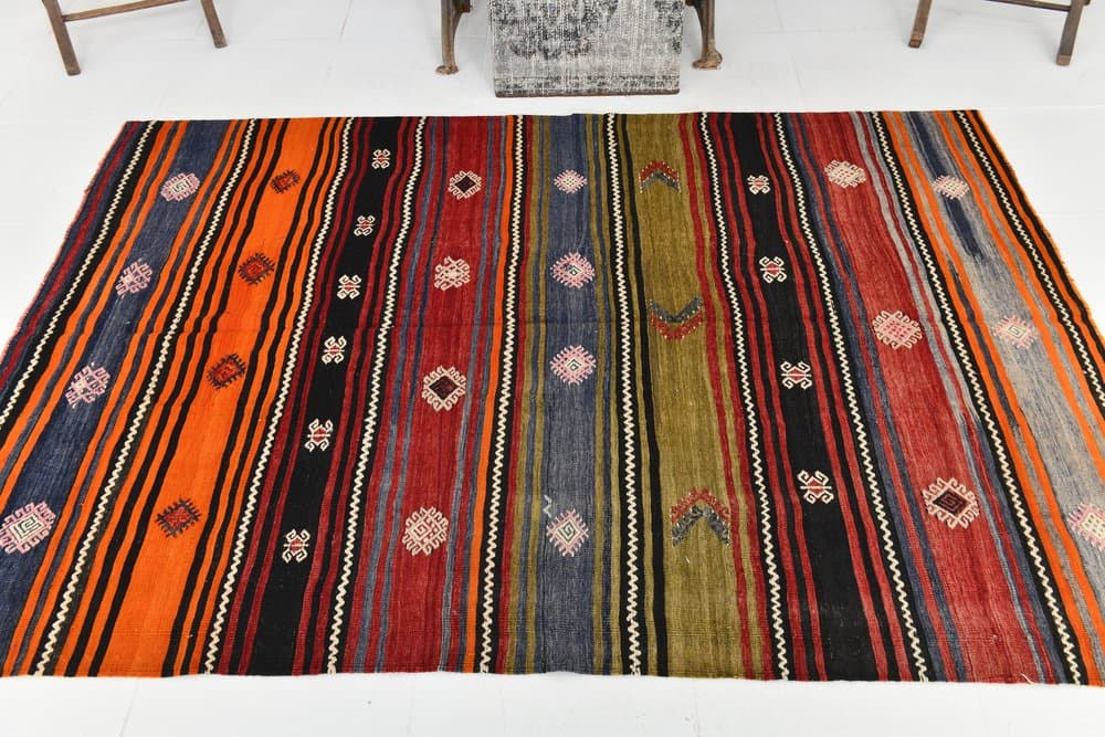 Kilim 208x147 cm, czarny, niebieski, wełna, lata 70. - 212450