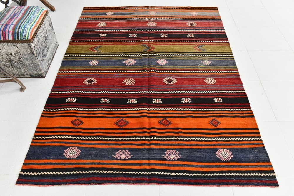 Kilim 208x147 cm, czarny, niebieski, wełna, lata 70. - 212449