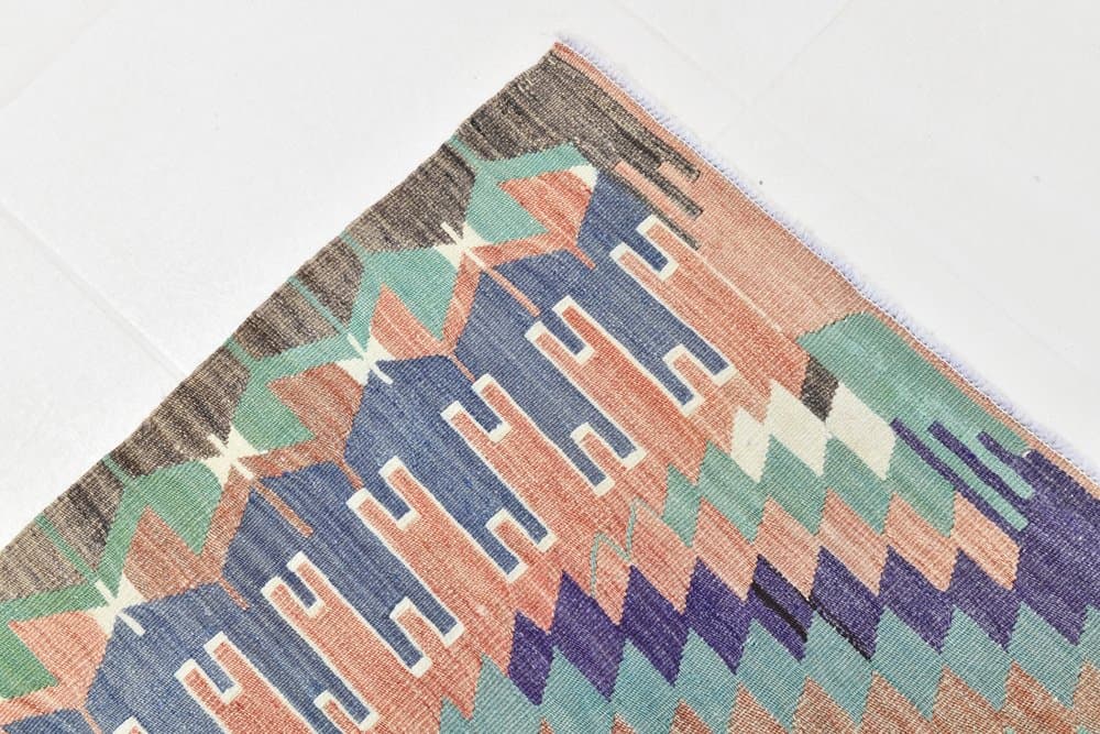 Kilim 170x340 cm, niebieski, czerwony, wełna, lata 70. - 212409