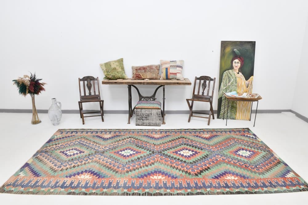 Kilim 170x340 cm, niebieski, czerwony, wełna, lata 70. - 212412