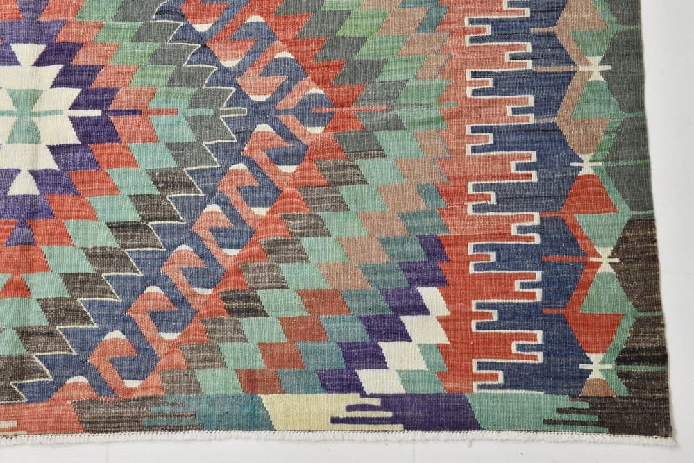 Kilim 170x340 cm, niebieski, czerwony, wełna, lata 70. - 212417