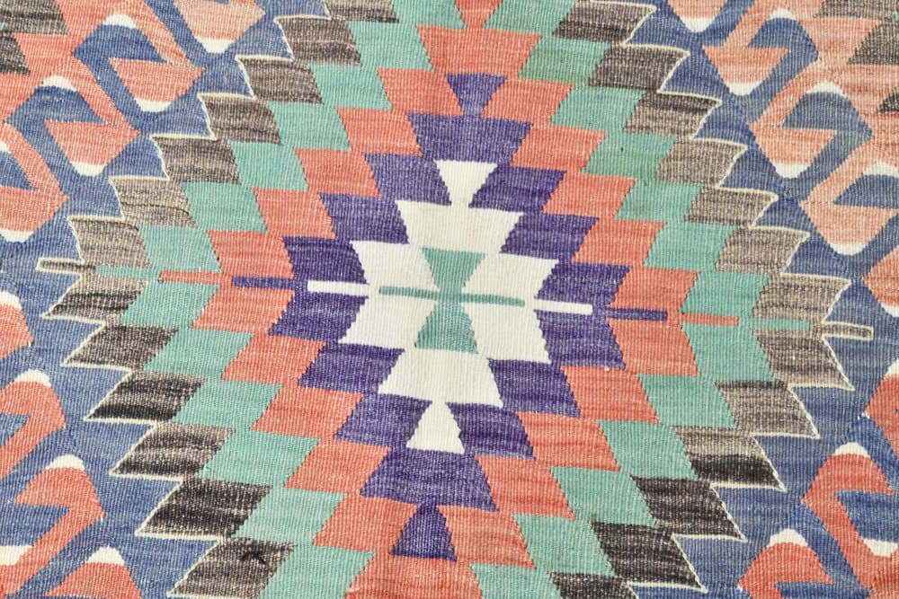 Kilim 170x340 cm, niebieski, czerwony, wełna, lata 70. - 212408