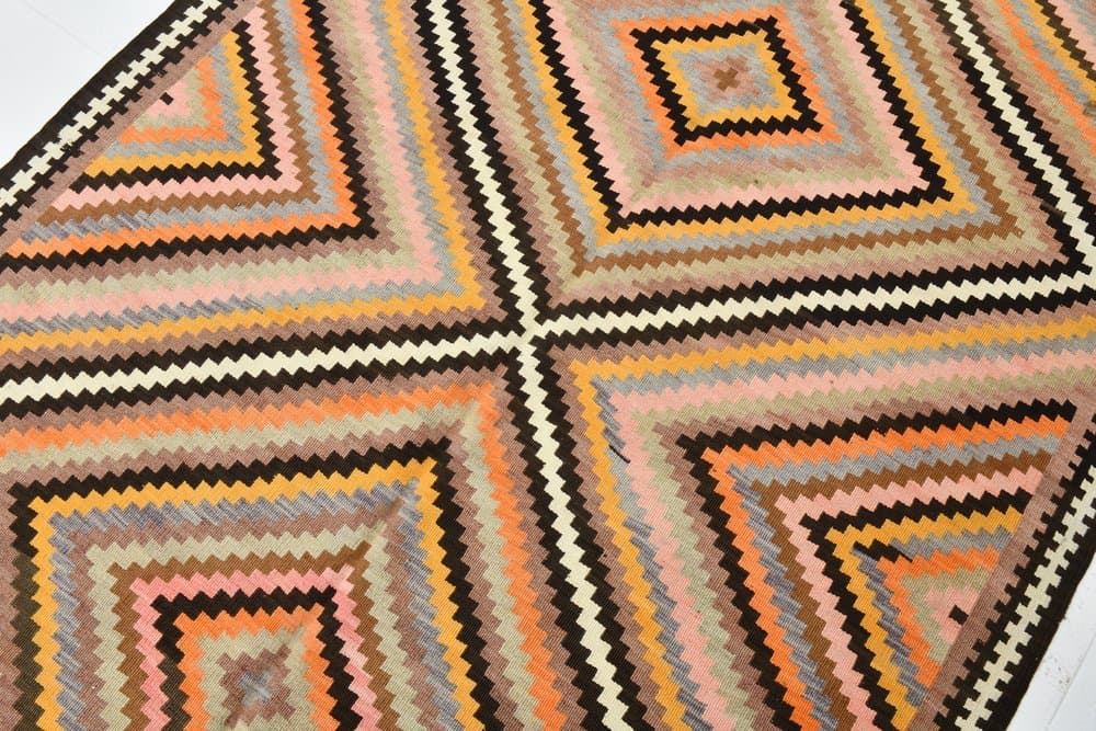 Kilim 164x413 cm, beżowy, pomarańczowy, wełna, lata 70. - 212399