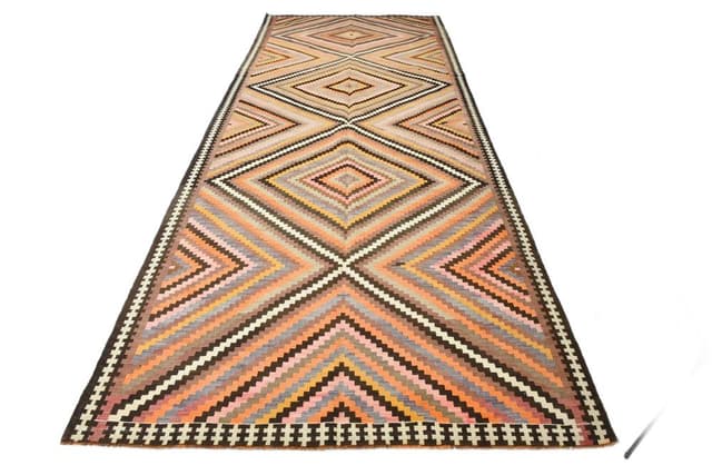 Kilim 164x413 cm, beżowy, pomarańczowy, wełna, lata 70. - WYMIARY