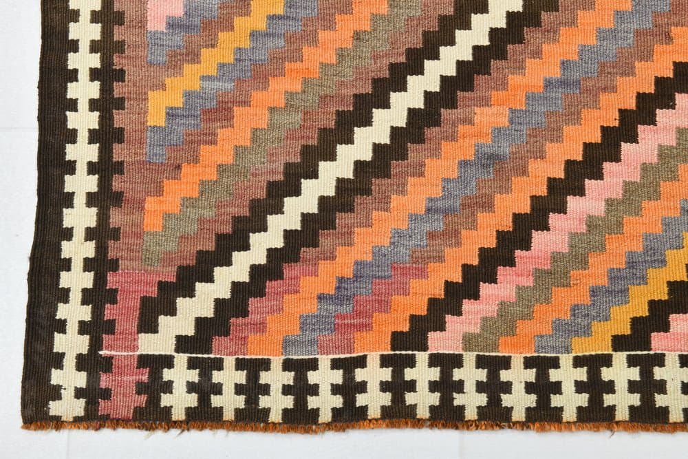 Kilim 164x413 cm, beżowy, pomarańczowy, wełna, lata 70. - 212402