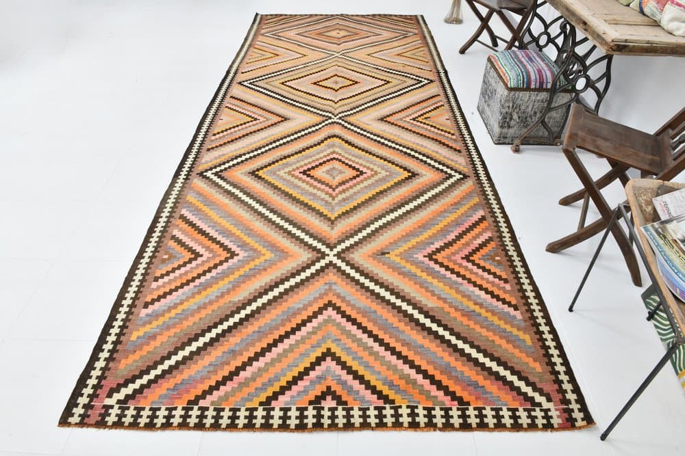 Kilim 164x413 cm, beżowy, pomarańczowy, wełna, lata 70. - 212397