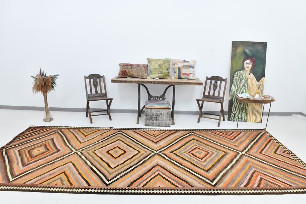 Kilim 164x413 cm, beżowy, pomarańczowy, wełna, lata 70. - 212401