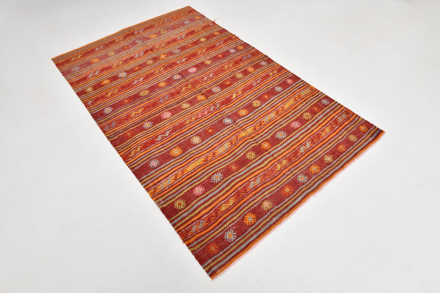 Kilim 131x203 cm, czerwony, pomarańczowy, wełna, Turcja, lata 60. - 212377