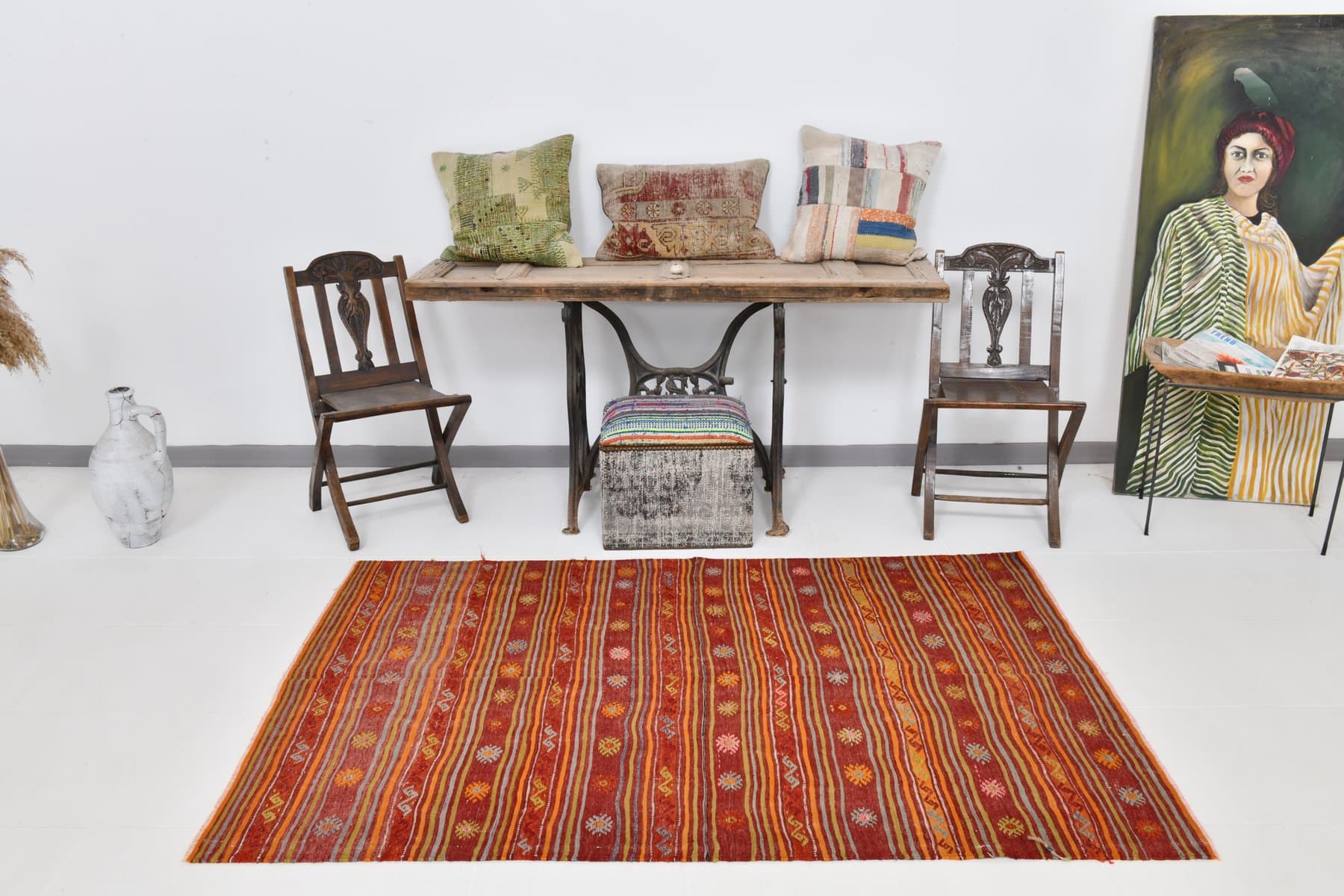 Kilim 131x203 cm, czerwony, pomarańczowy, wełna, Turcja, lata 60. - 212374